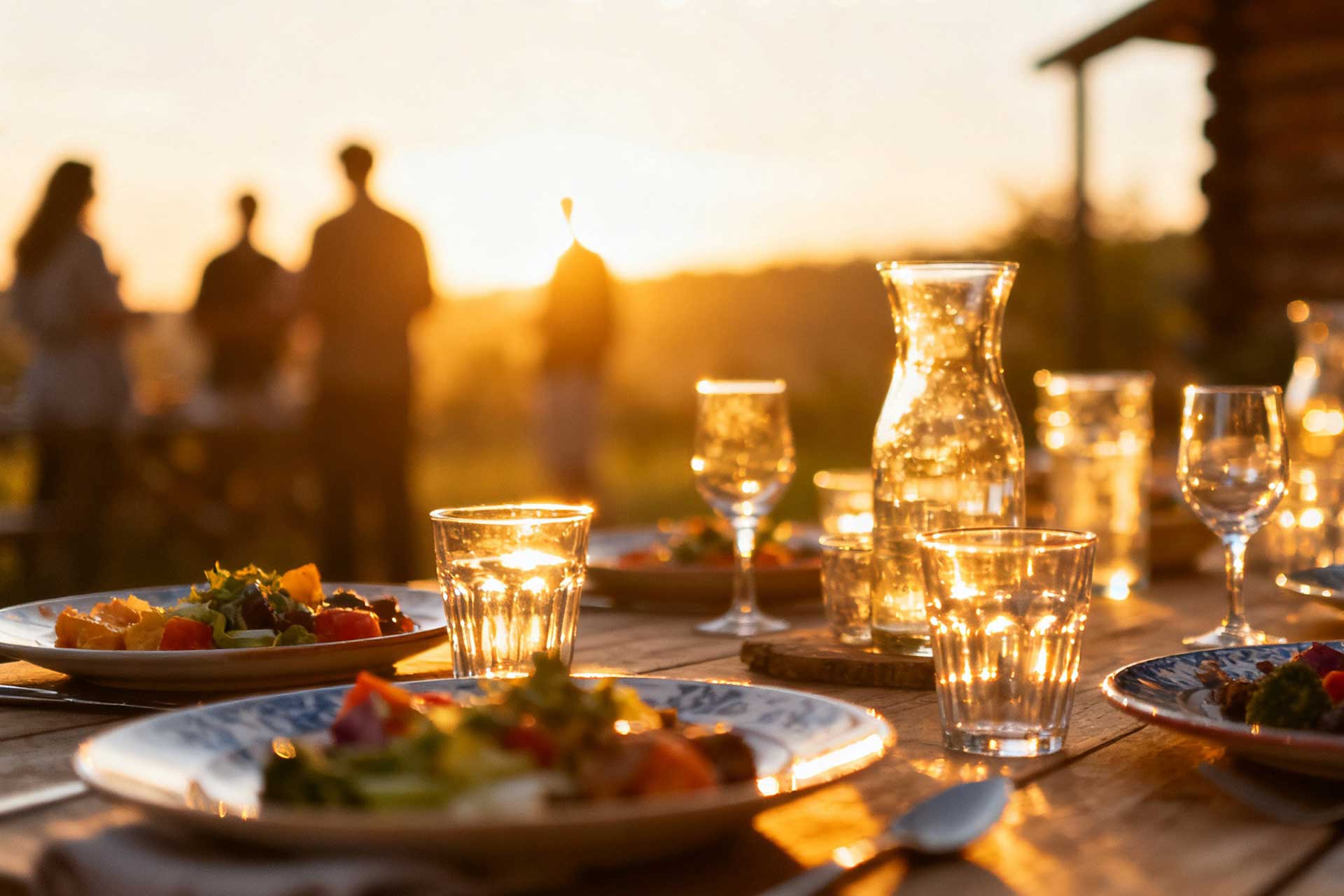 Dekket langbord utendørs i kveldssol, med gjester som hygger seg ved siden av tømmerhytta – ideelt for firmatur, kickoff, teambuilding eller feiring på Eidsvollhytta nær Gardermoen.
